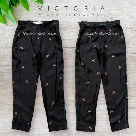 Victoria Beckham NWT black silk twill bird print pants *shop@iamwarrior - Picture 3 of 10